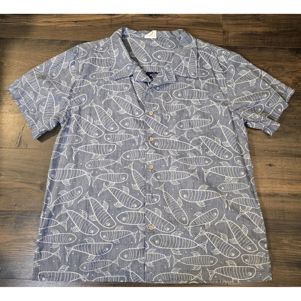 Go Barefoot In Paradise Hawaiian Shirt XL Gray Fish Print USA Made Aloha - Picture 4 of 8